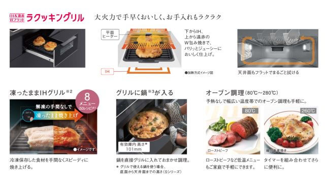 PanasonicのIHラクッキングリルを搭載した最新キッチン。両面自動焼きや多彩な調理機能で時短と美味しさを両立し、省エネ性能とデザイン性を兼ね備えた人気のIHコンロ。