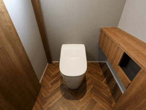 スタイリッシュなタンクレストイレの設置イメージ、掃除がしやすく省スペースでモダンなデザイン