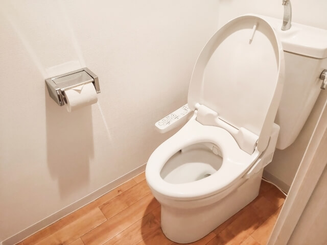 伝統的なタンク付きトイレの設置イメージ、安心感のあるデザインで掃除しやすい一般的なタイプ