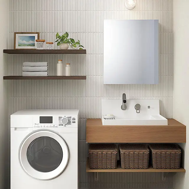 造作洗面のようなデザインが特徴のLIXILカスタムバニティと、洗濯機を並べた洗面脱衣室の施工イメージ