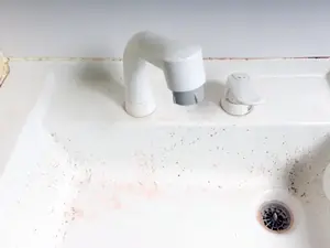 築20年以上使用した洗面台に発生した水垢やカビ汚れの例。洗面台リフォームを検討するサイン。