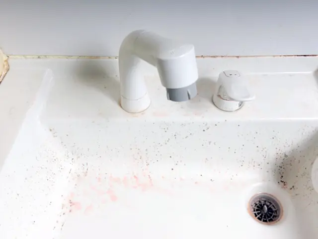 築20年以上使用した洗面台に発生した水垢やカビ汚れの例。洗面台リフォームを検討するサイン。